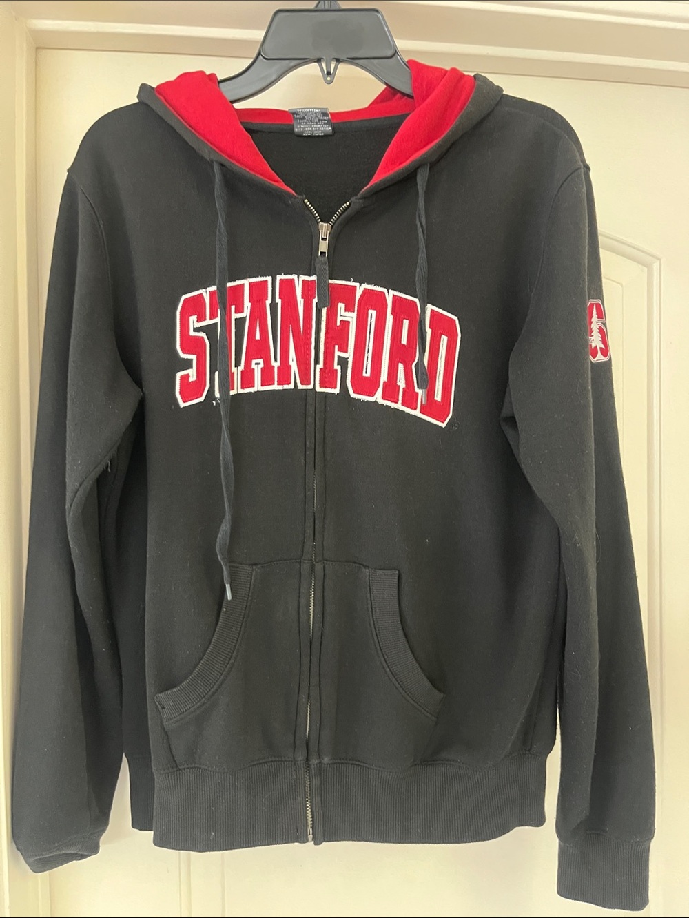 Stanford University Zip Up Black Hoodie with Red Hood Lining